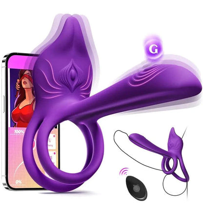 Vibrating Cock Ring Couples Sex Toys - MOOLIGIRL Dual Penis Ring Vibrator with Fox-Shaped Clitoral Stimulator & 4.6in G Spot Vibrator, 10 Vibration Adult Toys for Men Women, Female Sex S&M Floggers